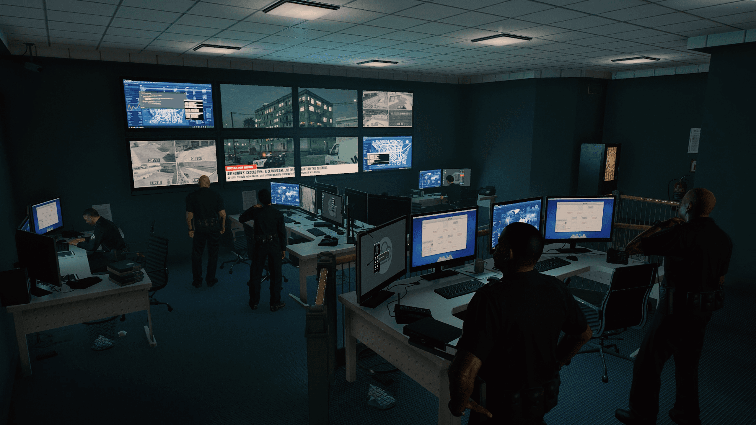 Surveillance room featuring multiple monitors displaying live security footage and blueprints, with NPC officers monitoring and analyzing the data in a dimly lit control center.