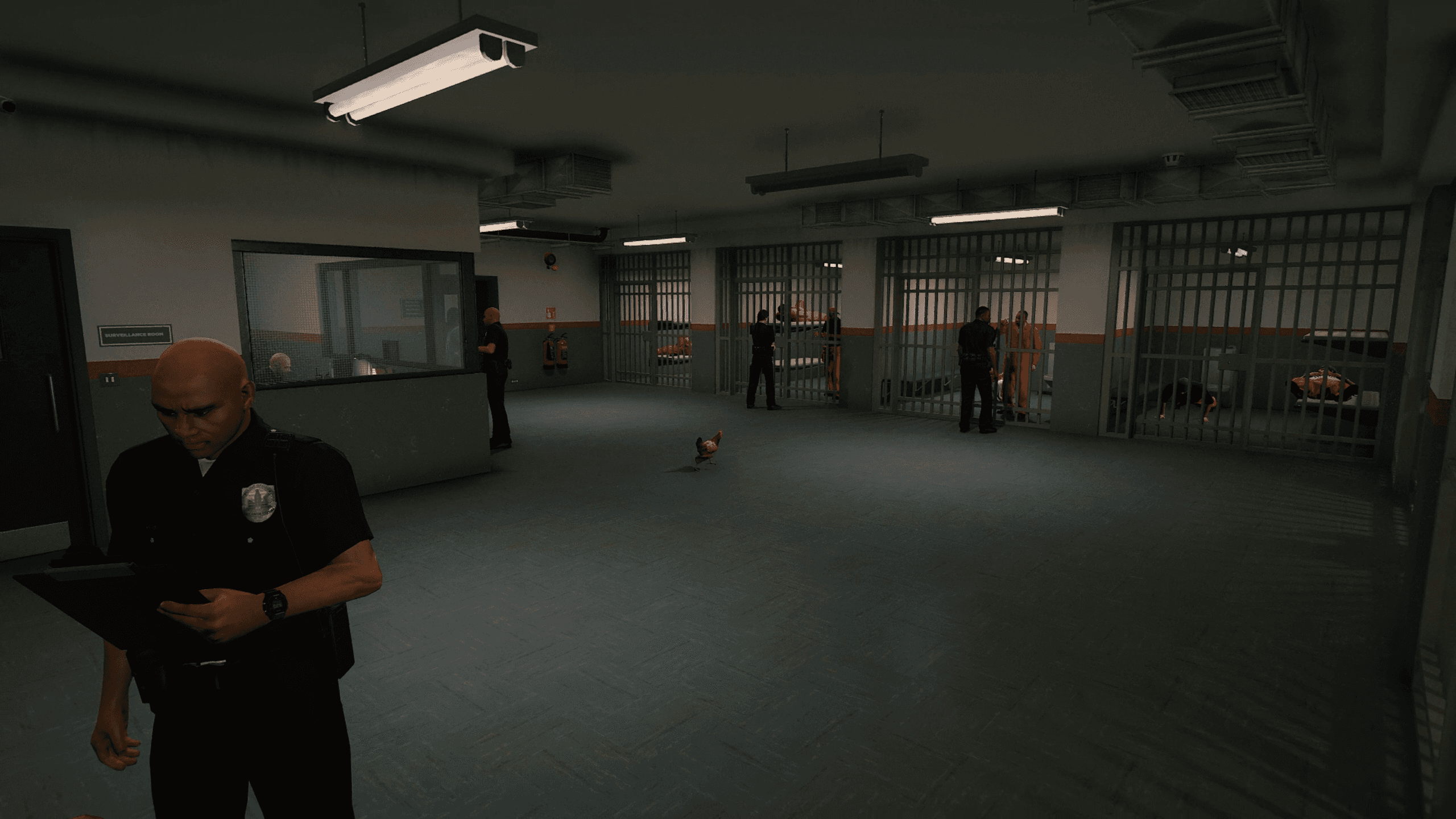 Inmates inside a jail cell, with one prisoner kneeling on the floor in distress while others stand nearby wearing orange jumpsuits. The scene captures the tense atmosphere of the detention area.