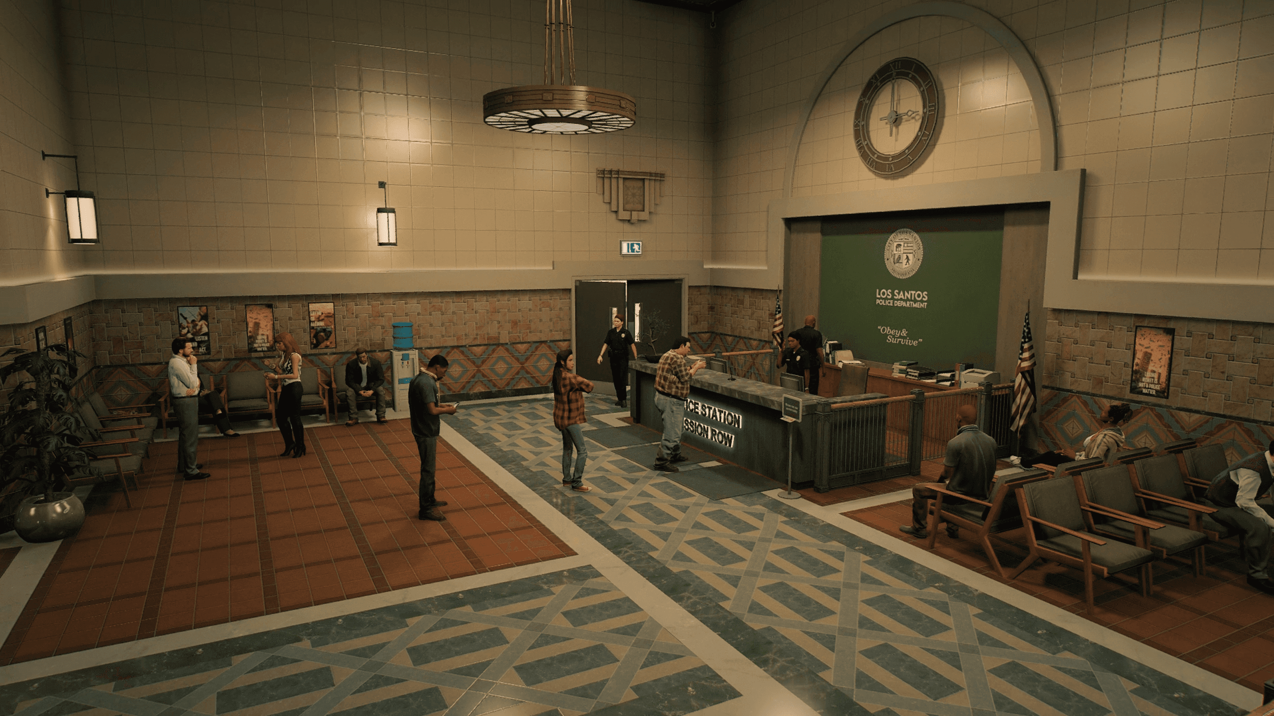 Interior view of the Mission Row Police Department reception area, featuring a front desk with officers assisting visitors, chairs for waiting individuals, and detailed decor including tiled walls and floors, lighting fixtures, and American flags.