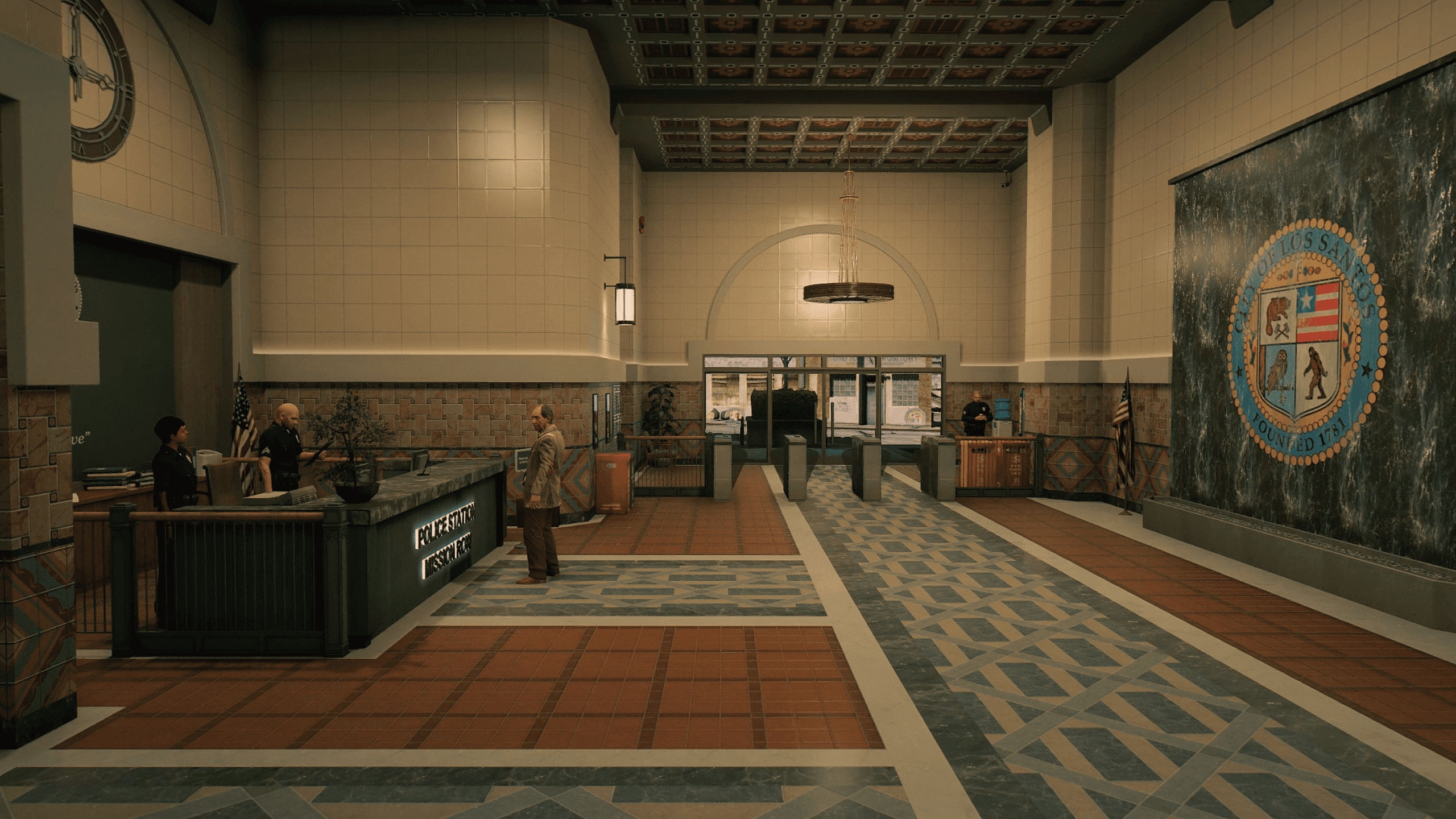 Second Hall reception area of the Mission Row Police Department with a detailed interior design and NPC officers at the front desk.