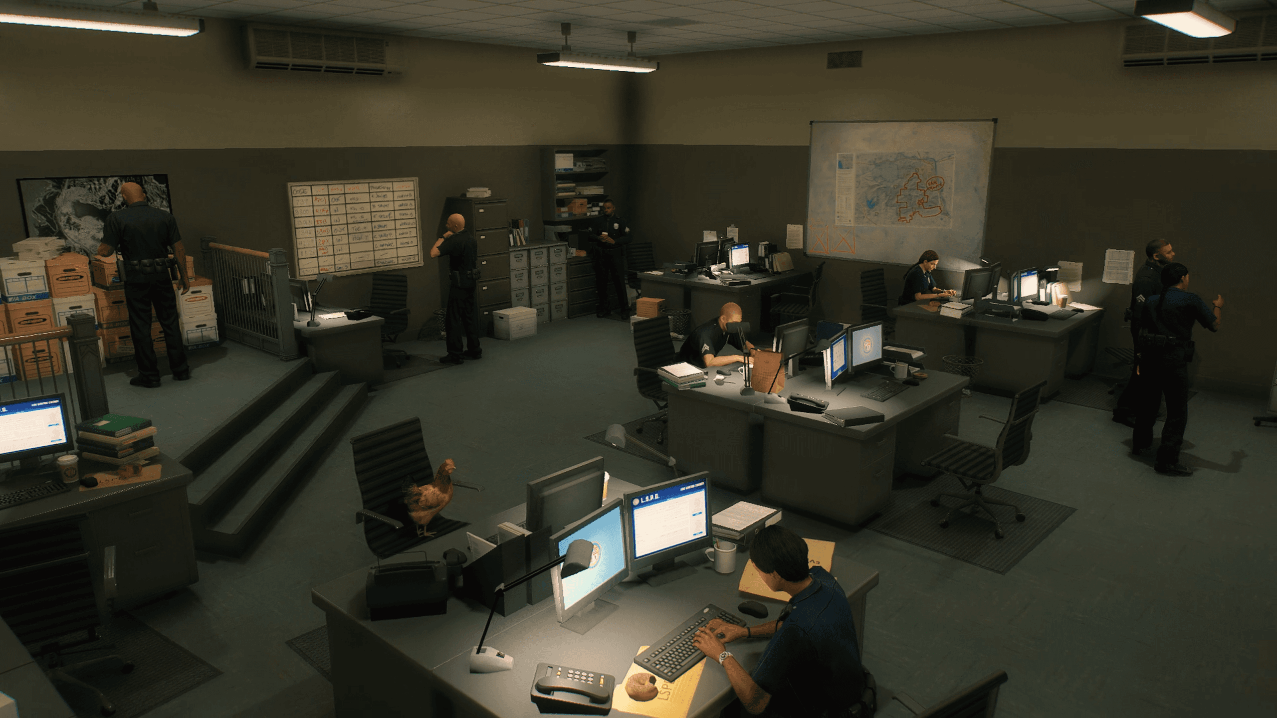 Open-plan office space in the police department with multiple desks, computers, and NPC officers engaged in work.