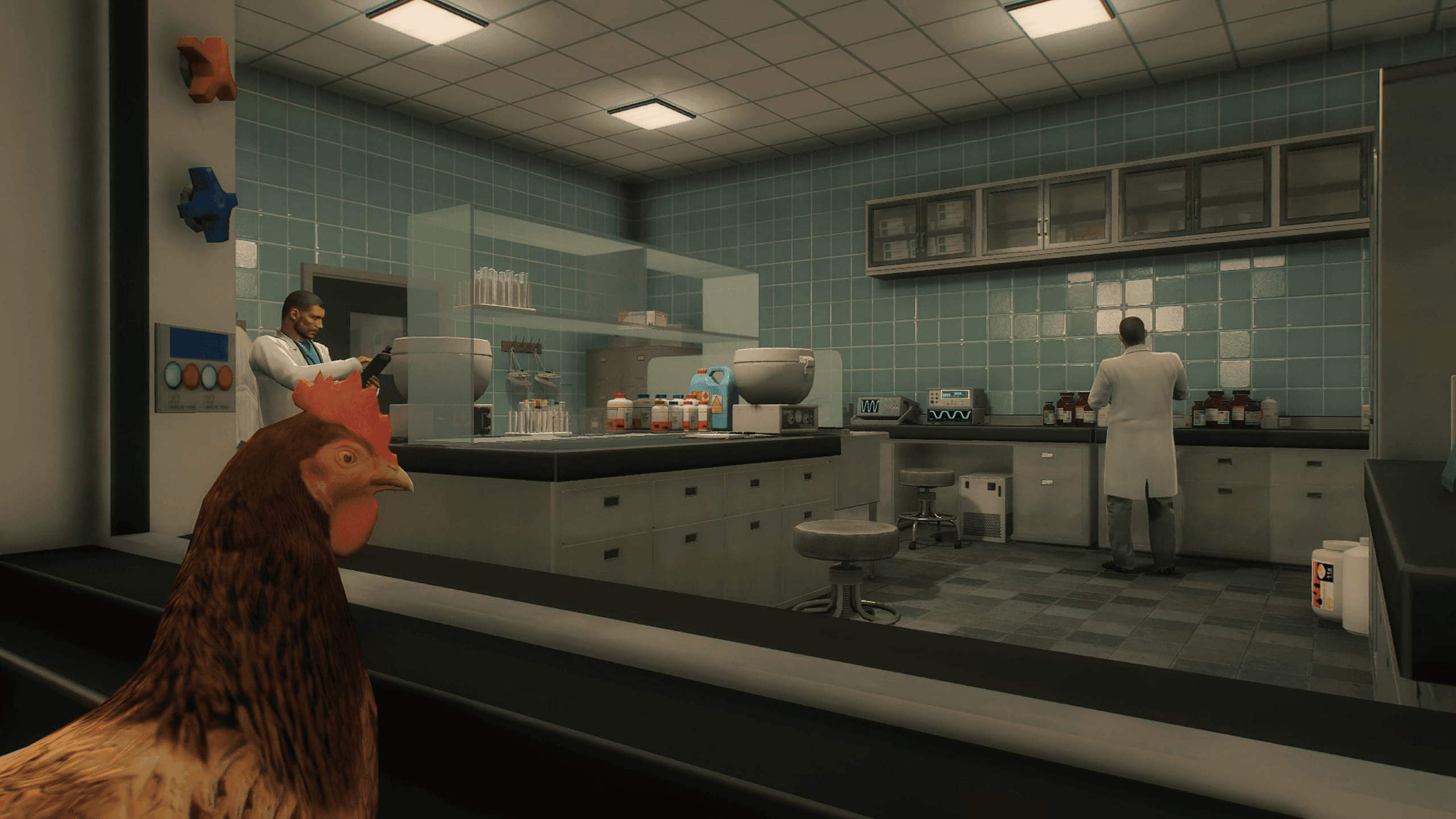 Laboratory scene featuring modern equipment and NPC scientists working in a well-lit research facility.