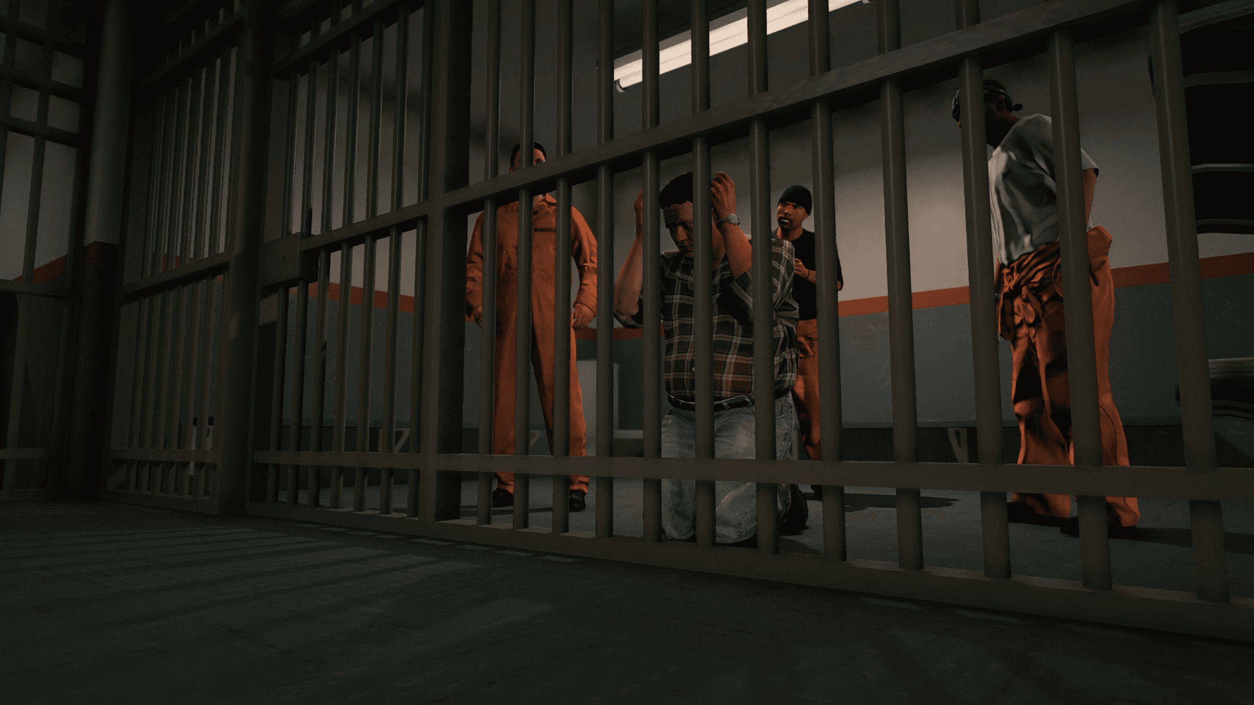 A jail cell area with officers monitoring inmates behind bars, a central walkway, and an officer reviewing a clipboard in the foreground. A small detail includes a chicken wandering in the room, adding a unique touch to the scene.